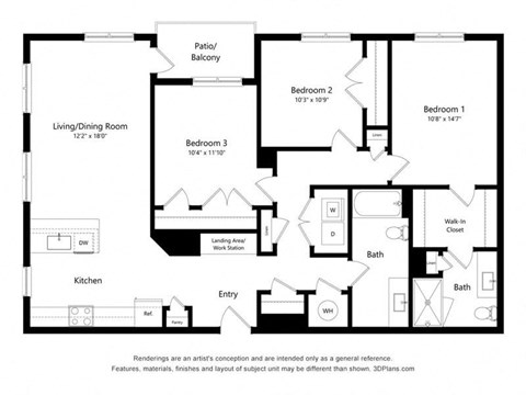 the floor plan of the unit with bedrooms and baths